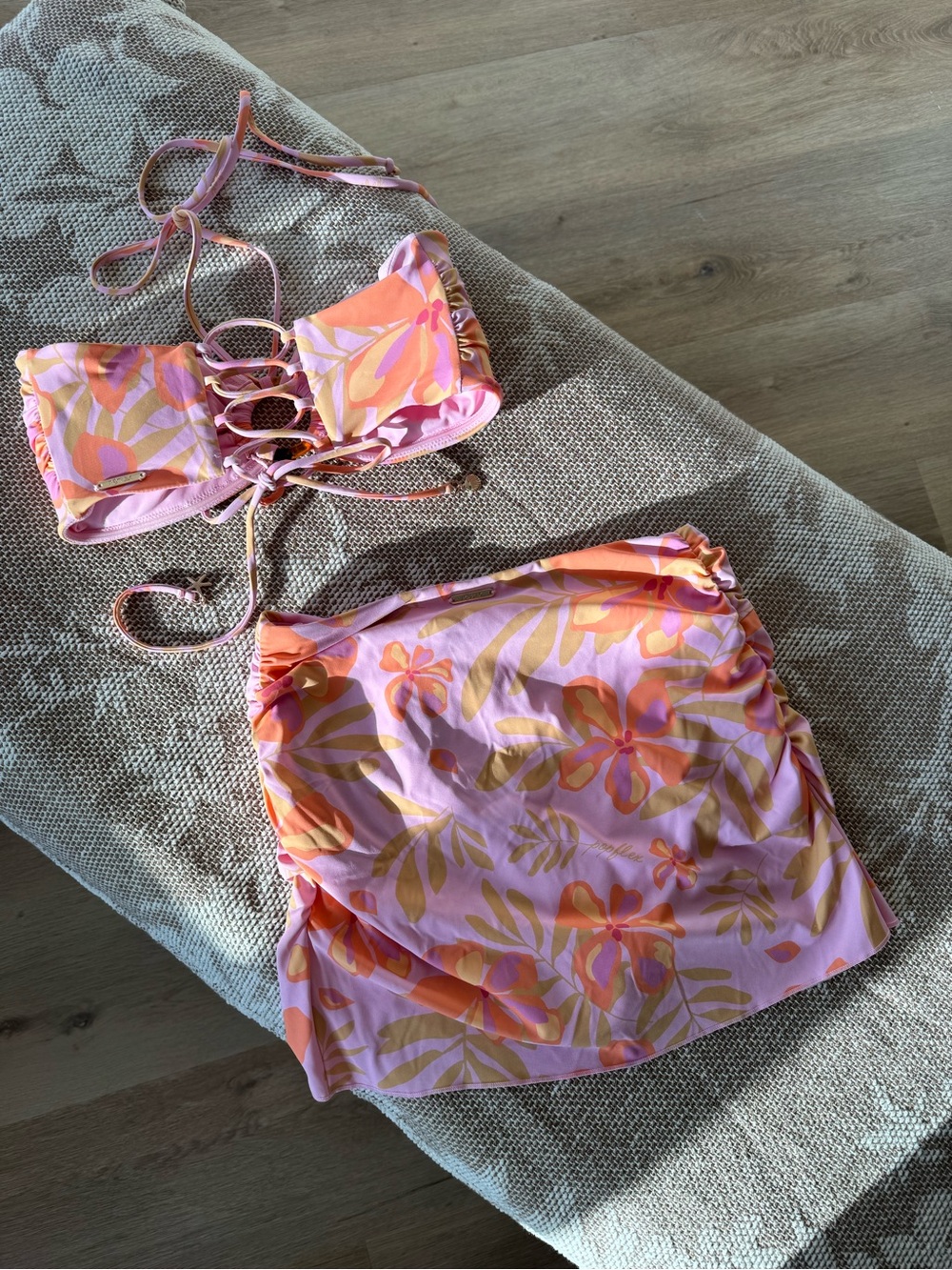 POPFLEX Pink and Orange Floral Bandeau Bikini Set with Skirt - Picture 7 of 11